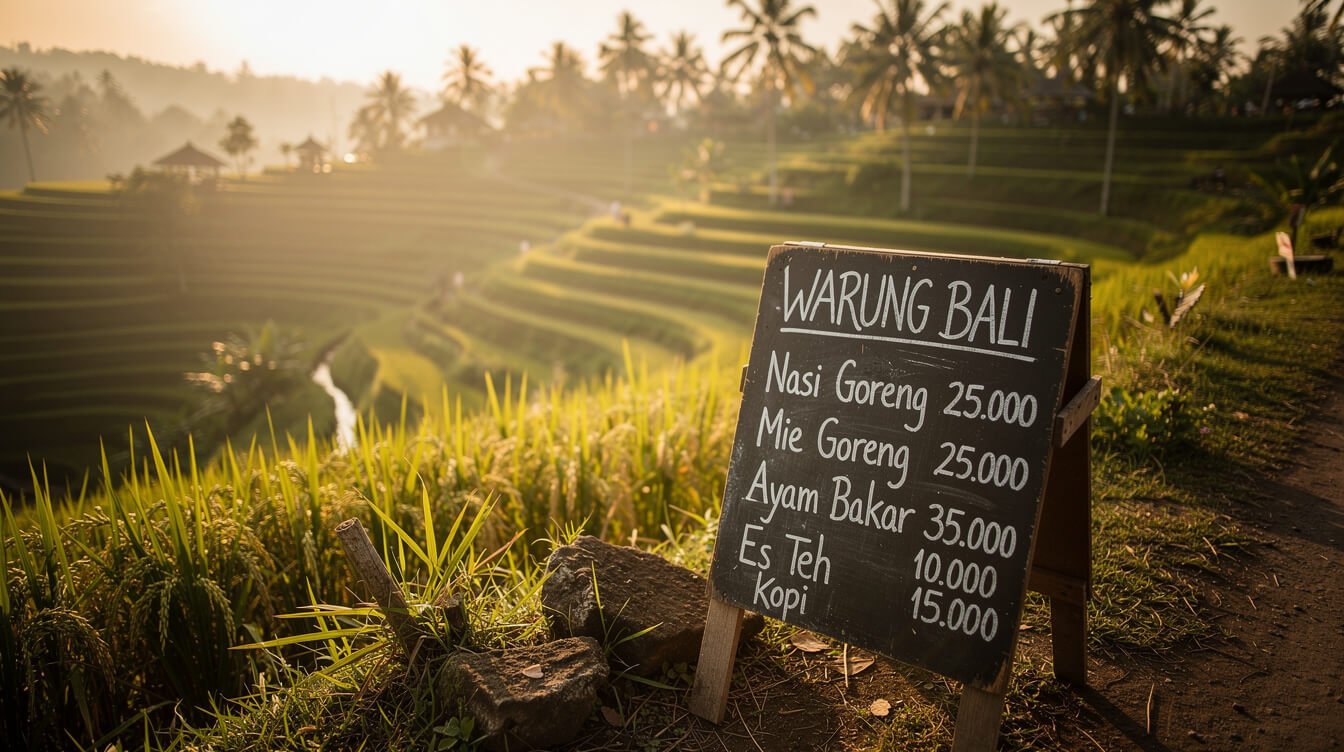 Ubud rice terraces with handwritten warung price sign