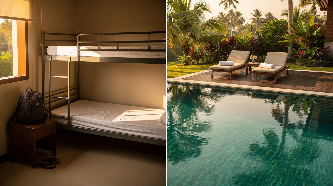contrast between a budget hostel room and a private villa pool deck in Bali