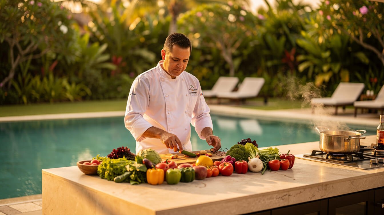 Private villa chef arranging fresh market produce beside a quiet pool deck in Ubud