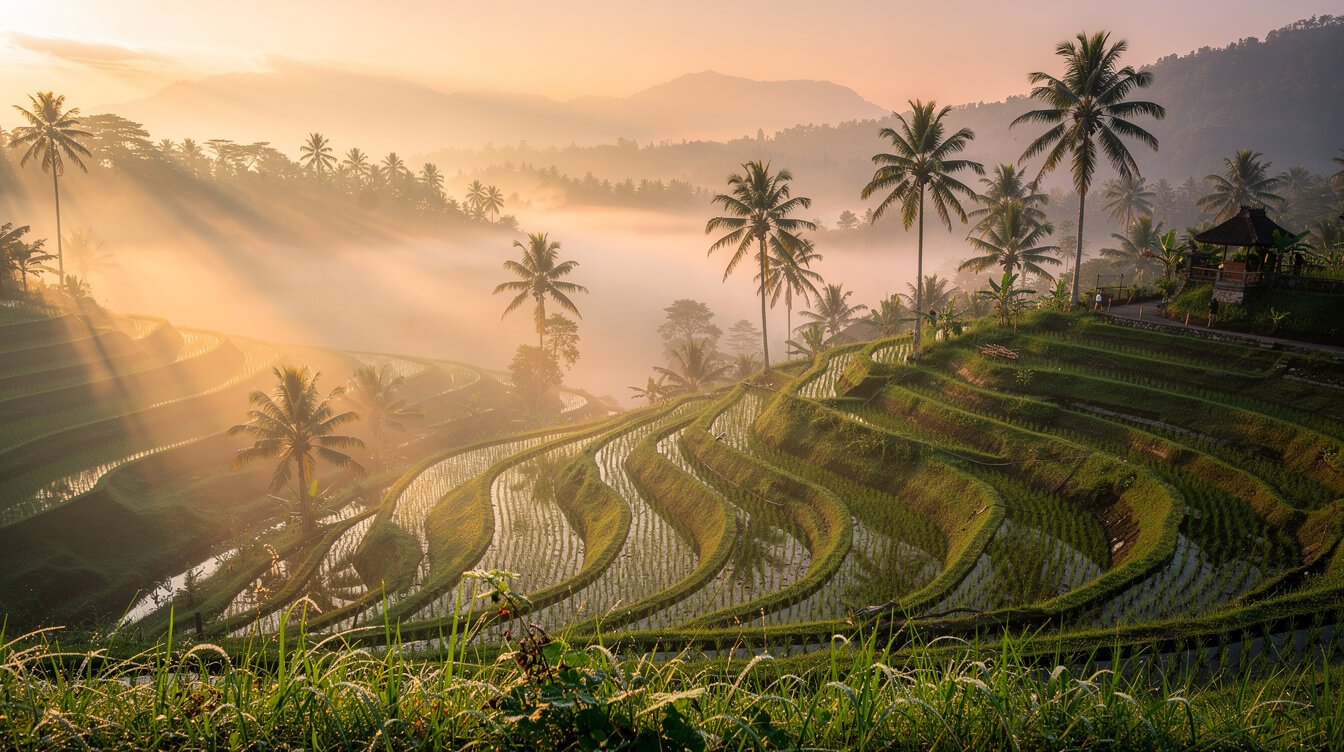 Misty sunrise over terraced rice fields near Ubud