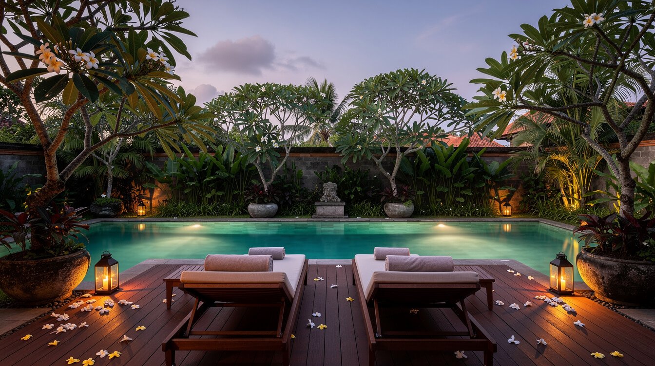 Villa Amrita pool deck and tropical garden in Ubud at dusk
