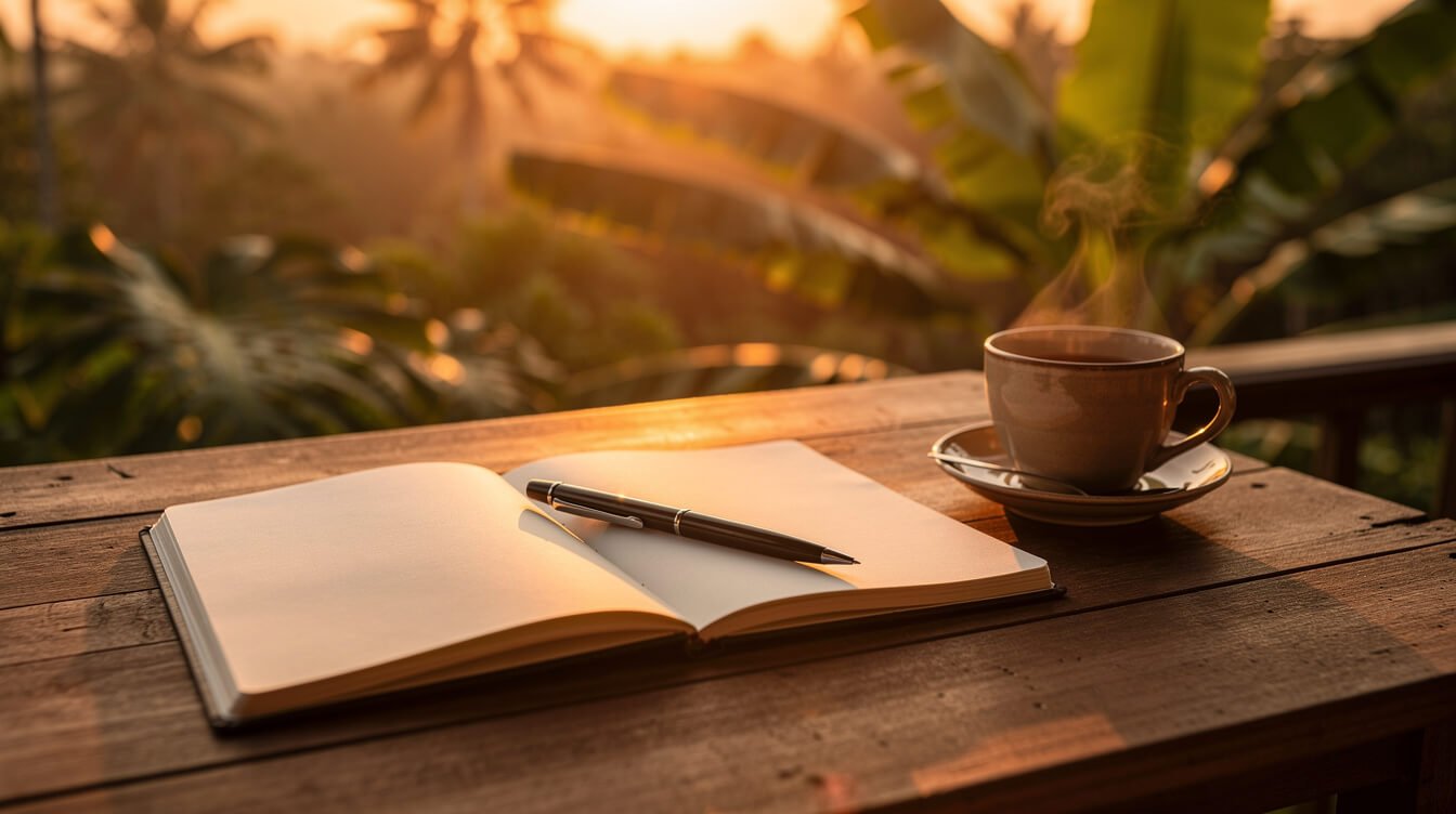 Open notebook and tea on a villa terrace at sunset in Ubud