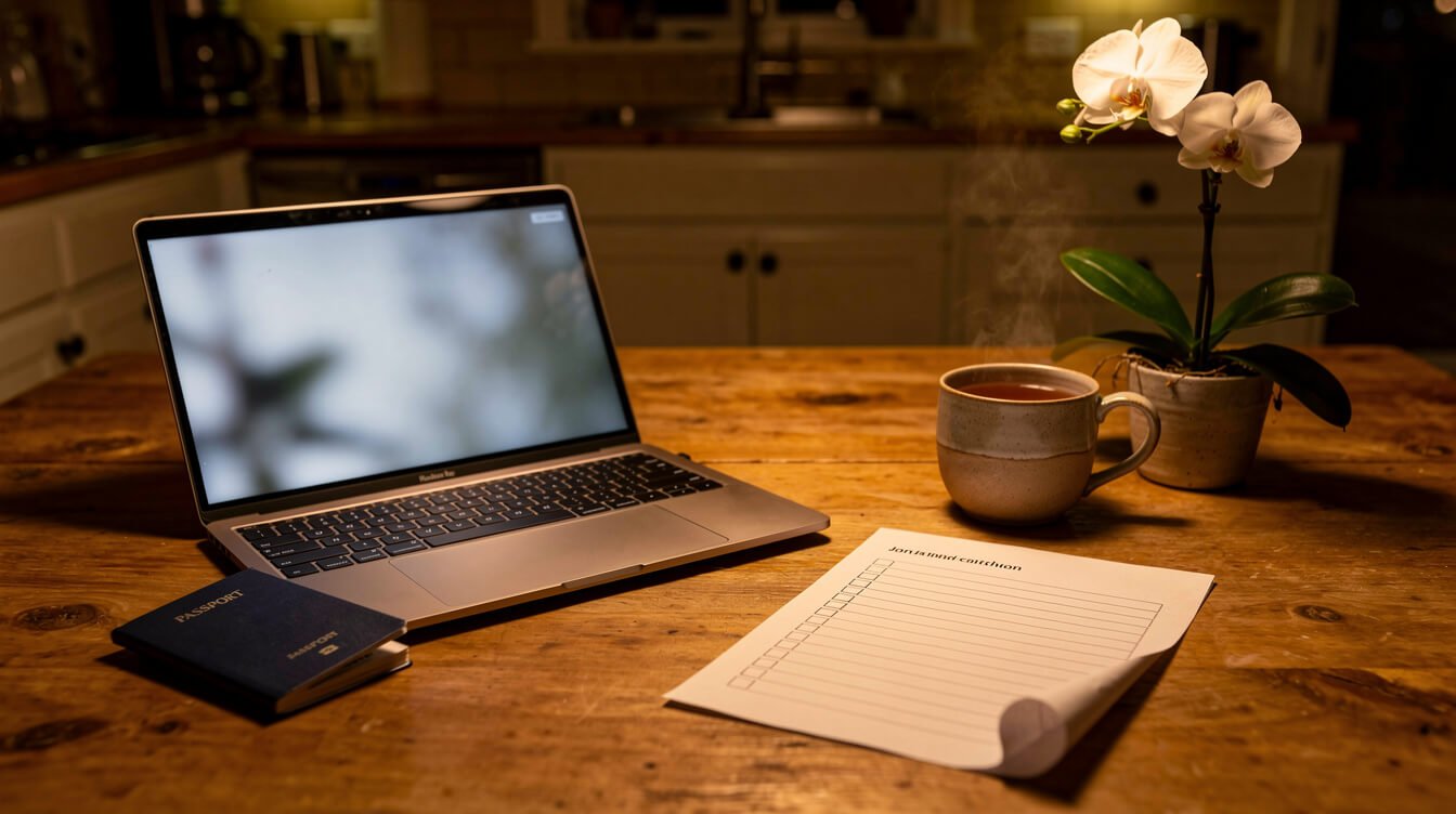 Laptop, passport and checklist on a kitchen table for an online e-VoA application