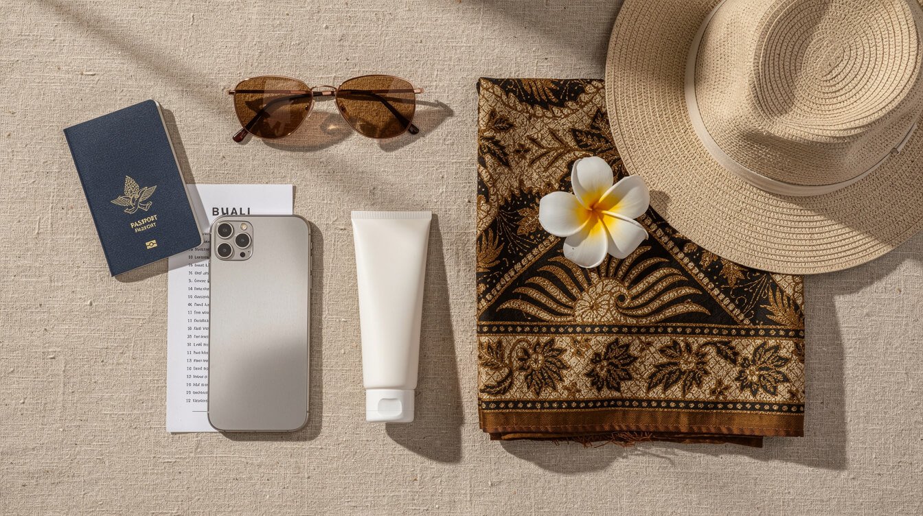 Flat lay of Bali travel essentials with passport, itinerary, sarong and sun hat