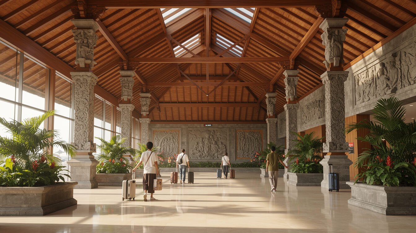 Arrival hall with Balinese carved stone and a timber roof at a Bali airport