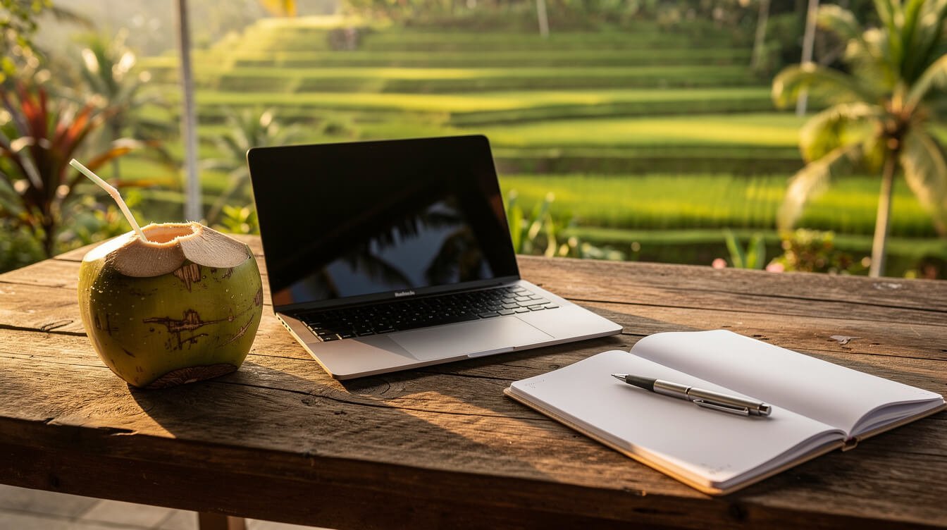 Laptop and planner on a villa veranda overlooking Ubud rice terraces