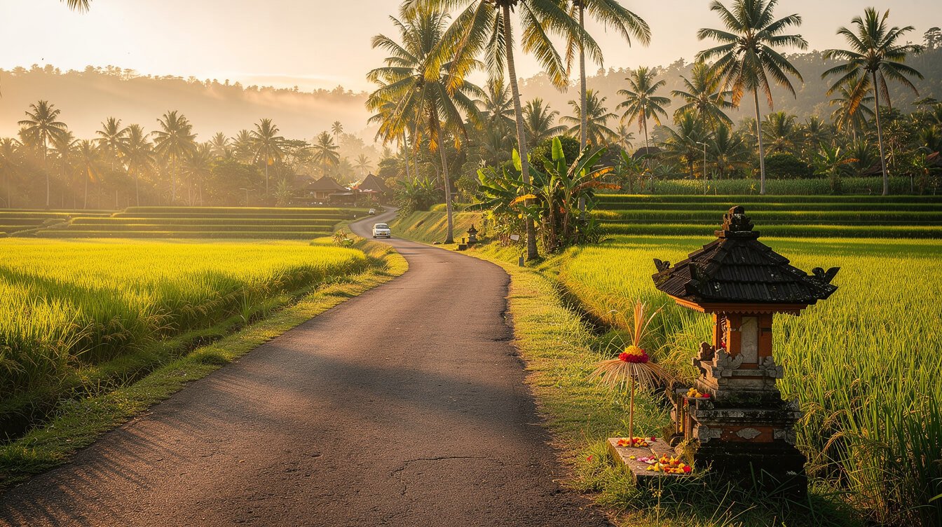 Quiet road between rice paddies near Ubud at golden hour
