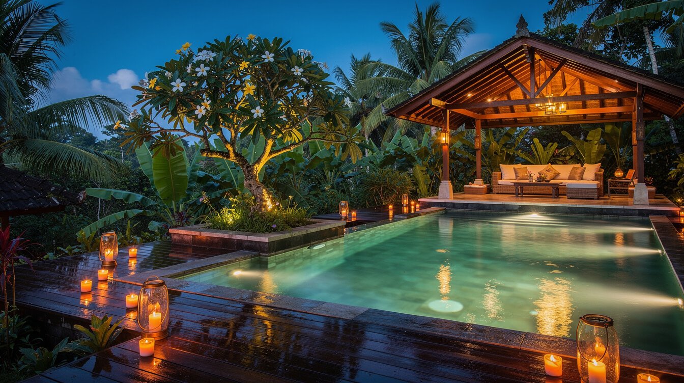 Villa Amrita pool deck at blue hour after rain