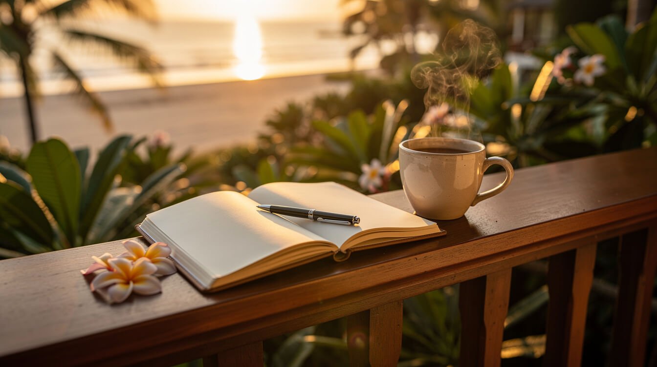 Open notebook and coffee on a villa deck at sunset