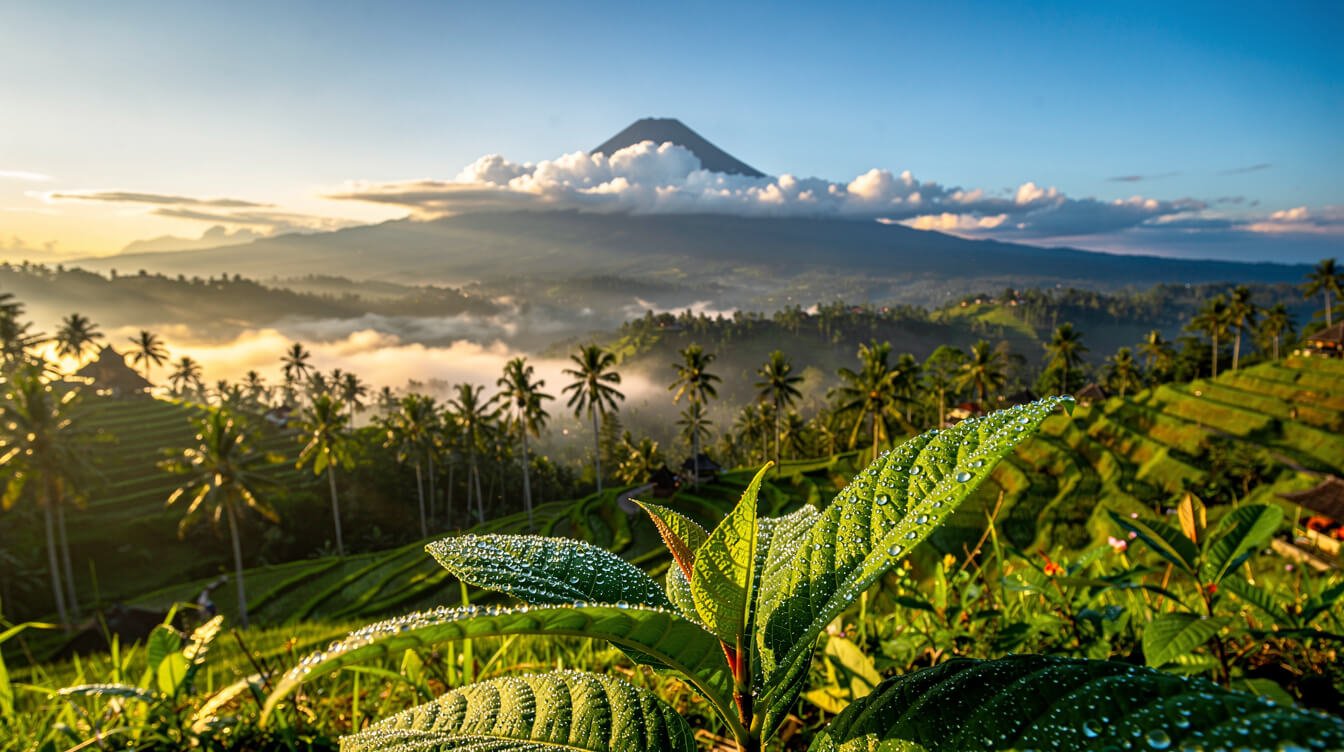 Clear December morning sky over a green Ubud valley