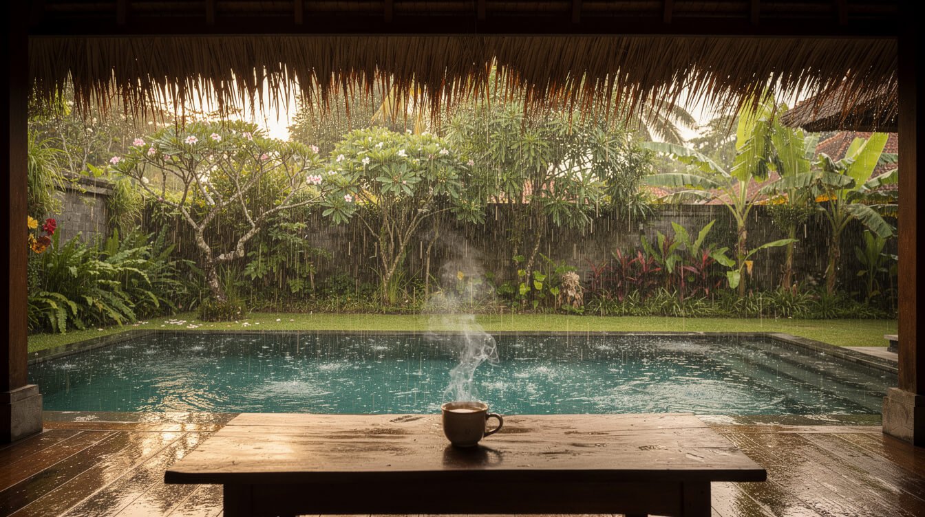 Bali weather in December: afternoon rain seen from a covered villa pavilion