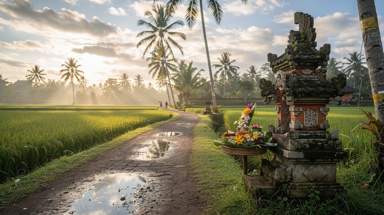 Quiet Ubud rice field path after December rain