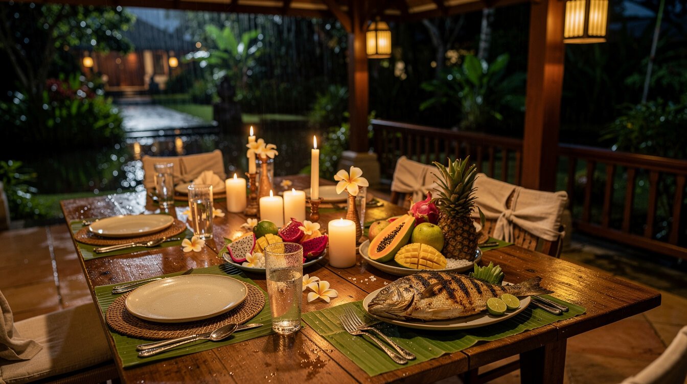 Candlelit holiday dinner on a villa terrace in Ubud on a rainy December night