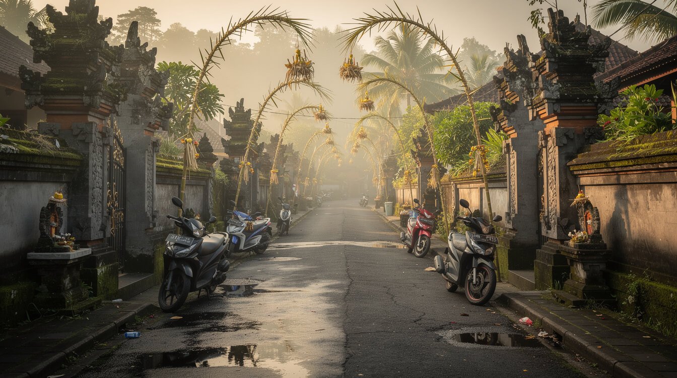 Quiet Ubud village lane in the early morning after night rain