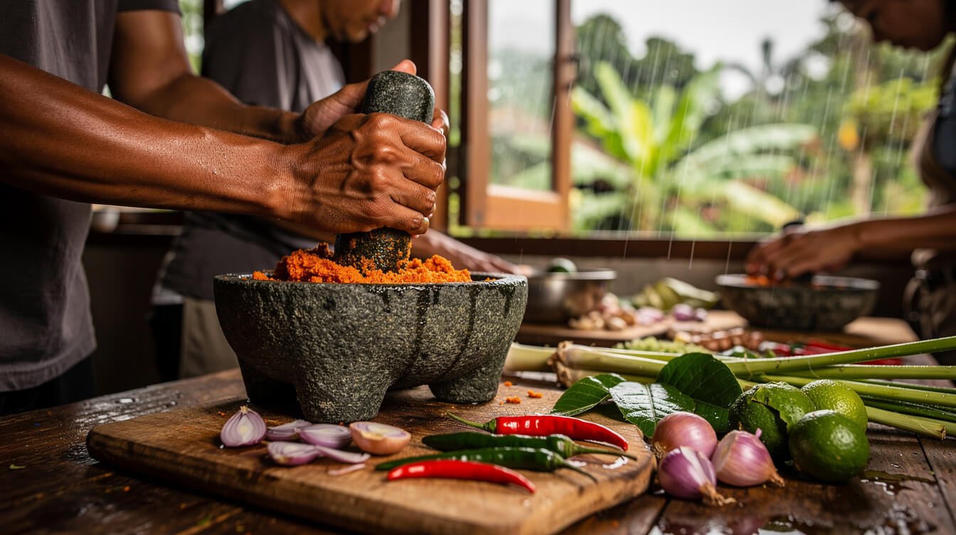 Hands grinding Balinese spice paste during a cooking class on a rainy afternoon