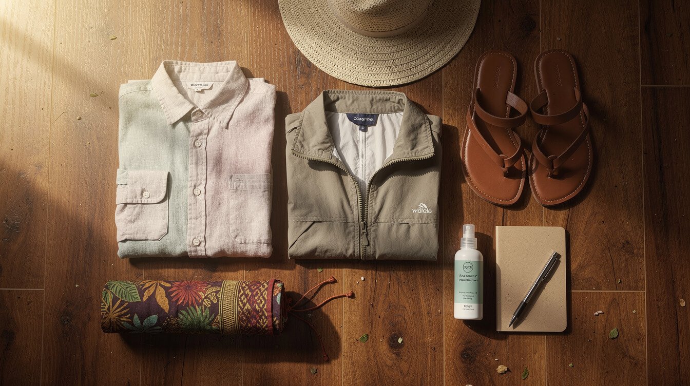 Packing for Bali in December: linen shirts, rain jacket, sandals and sarong