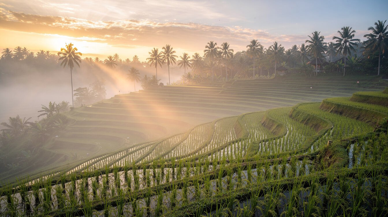 Misty sunrise over terraced green rice fields near Ubud in January