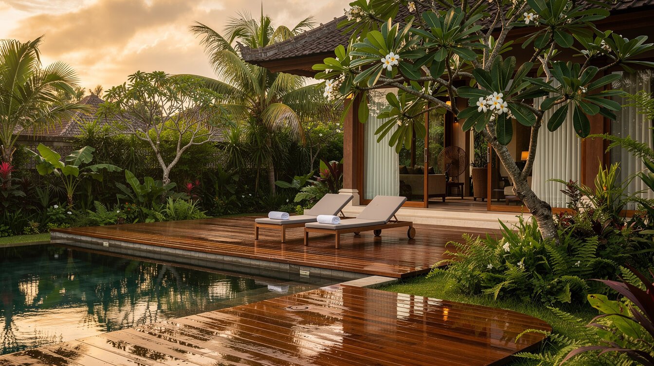 Villa Amrita pool deck and tropical garden just after rain