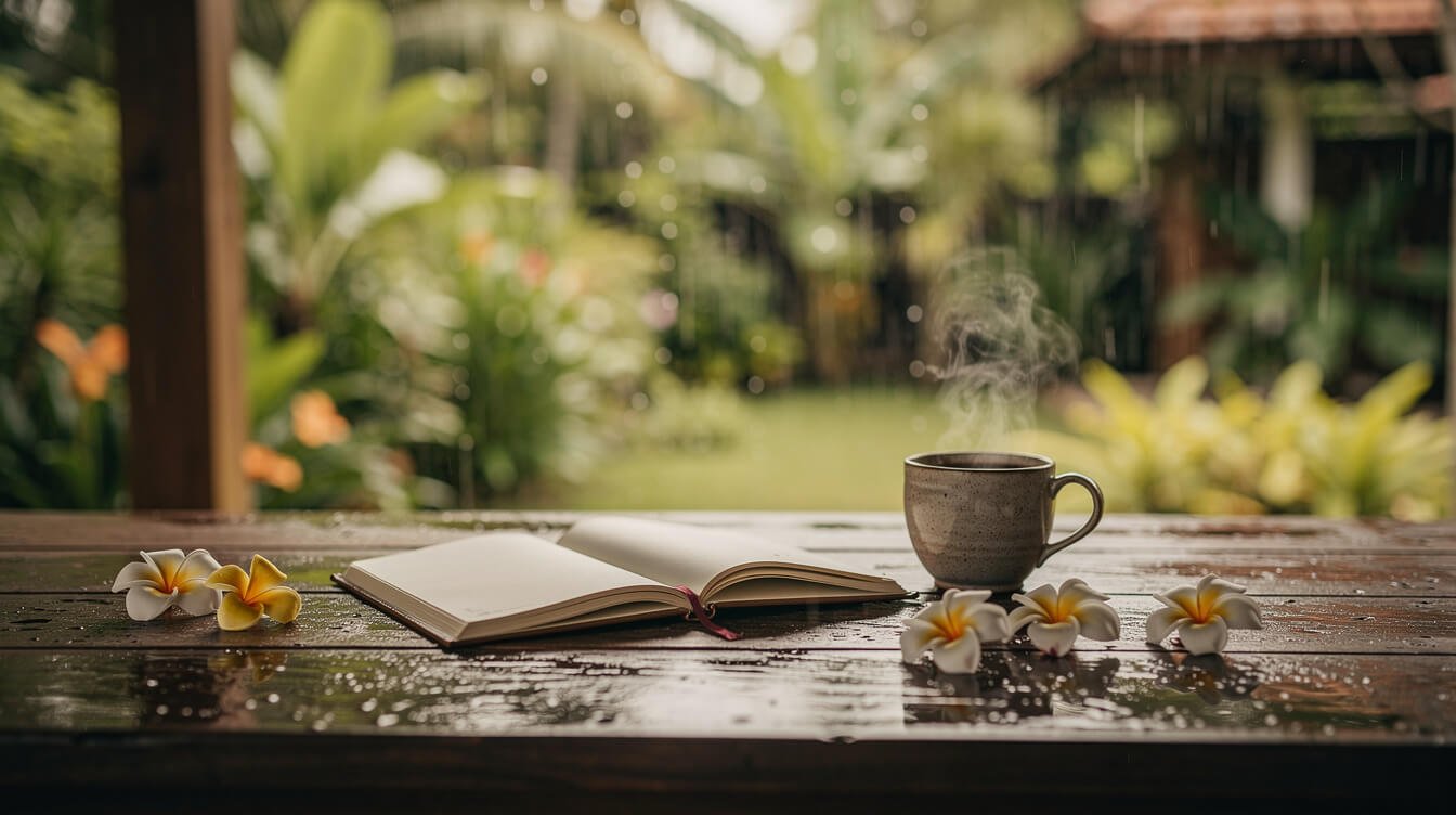 Open notebook and coffee on a villa terrace while warm rain falls