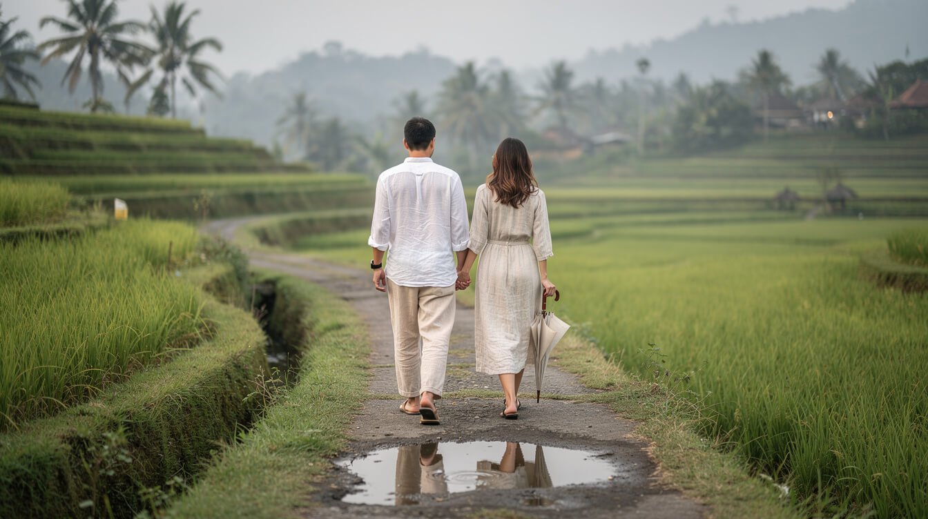 Couple walking a quiet rice field path near Ubud on a fresh January morning