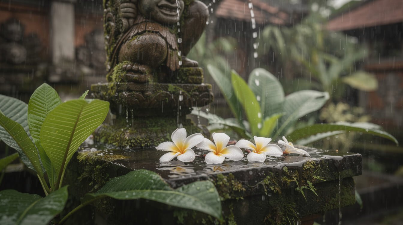 Warm rain falling on a Balinese stone garden with frangipani flowers in Ubud