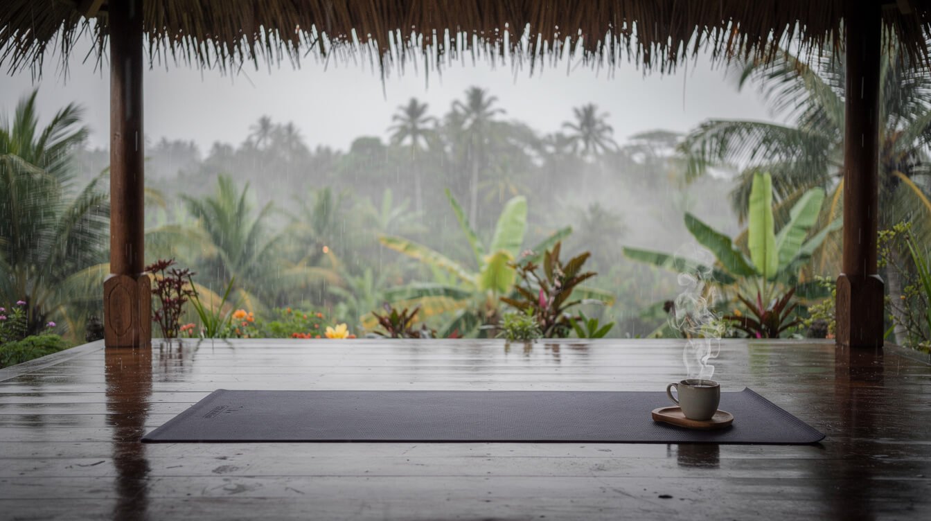 Yoga mat in an open Balinese pavilion overlooking a rainy tropical garden