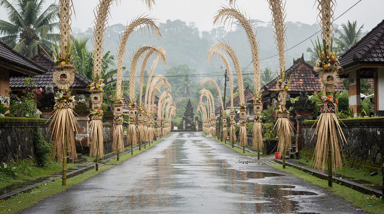Bamboo penjor poles lining a quiet village street near Ubud after rain