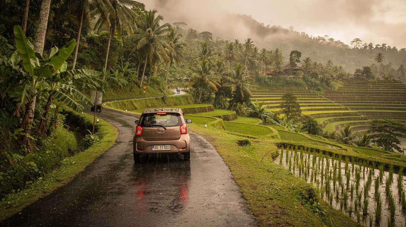 Car driving carefully along a wet jungle road near Ubud in light drizzle