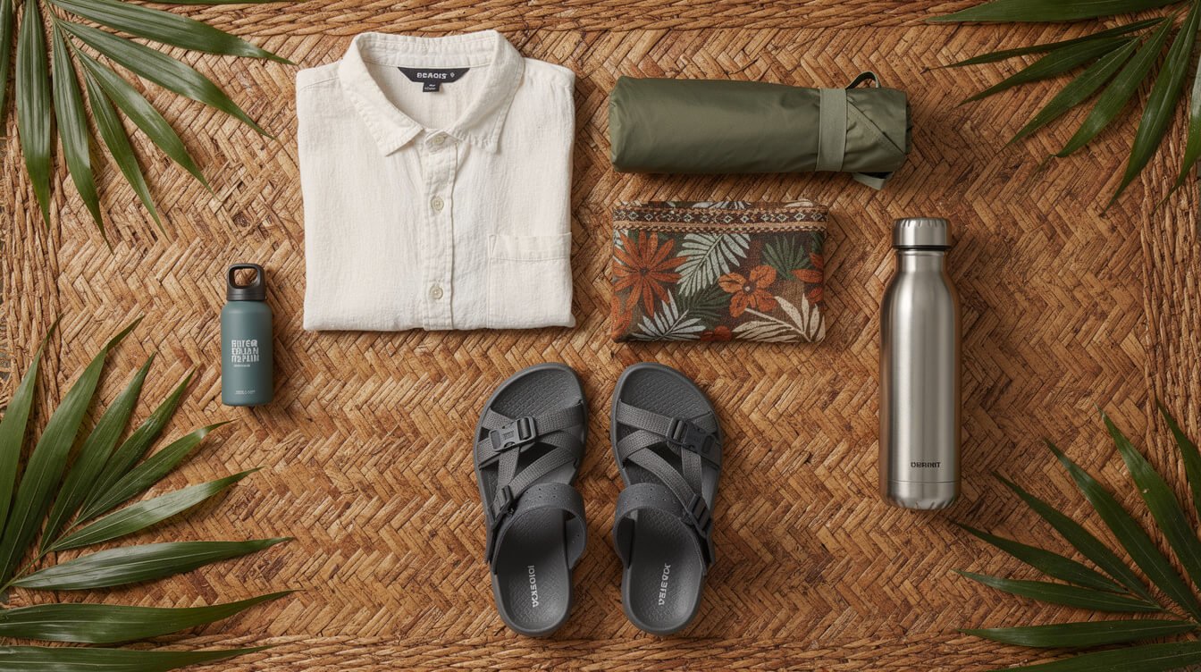 Packing flat lay for a January trip to Bali with linen shirt, rain jacket and sandals