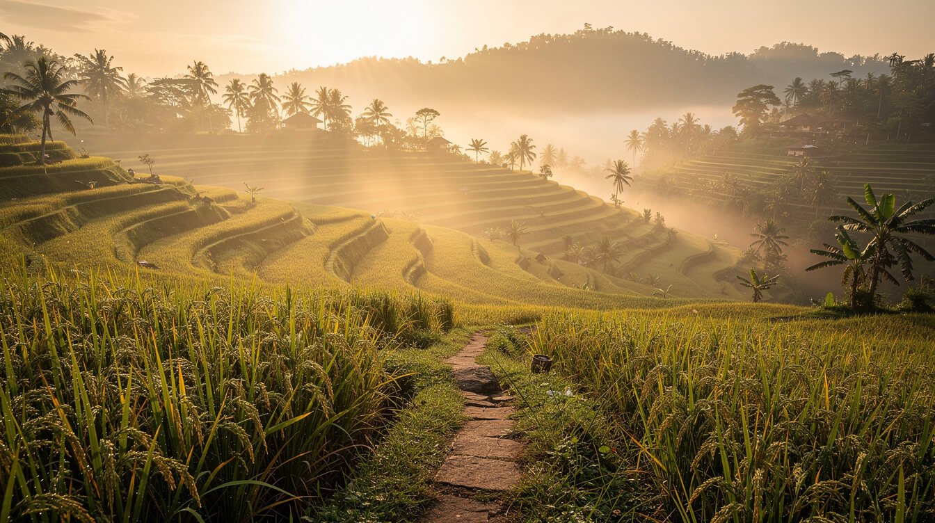 Misty dry-season sunrise over rice terraces near Ubud