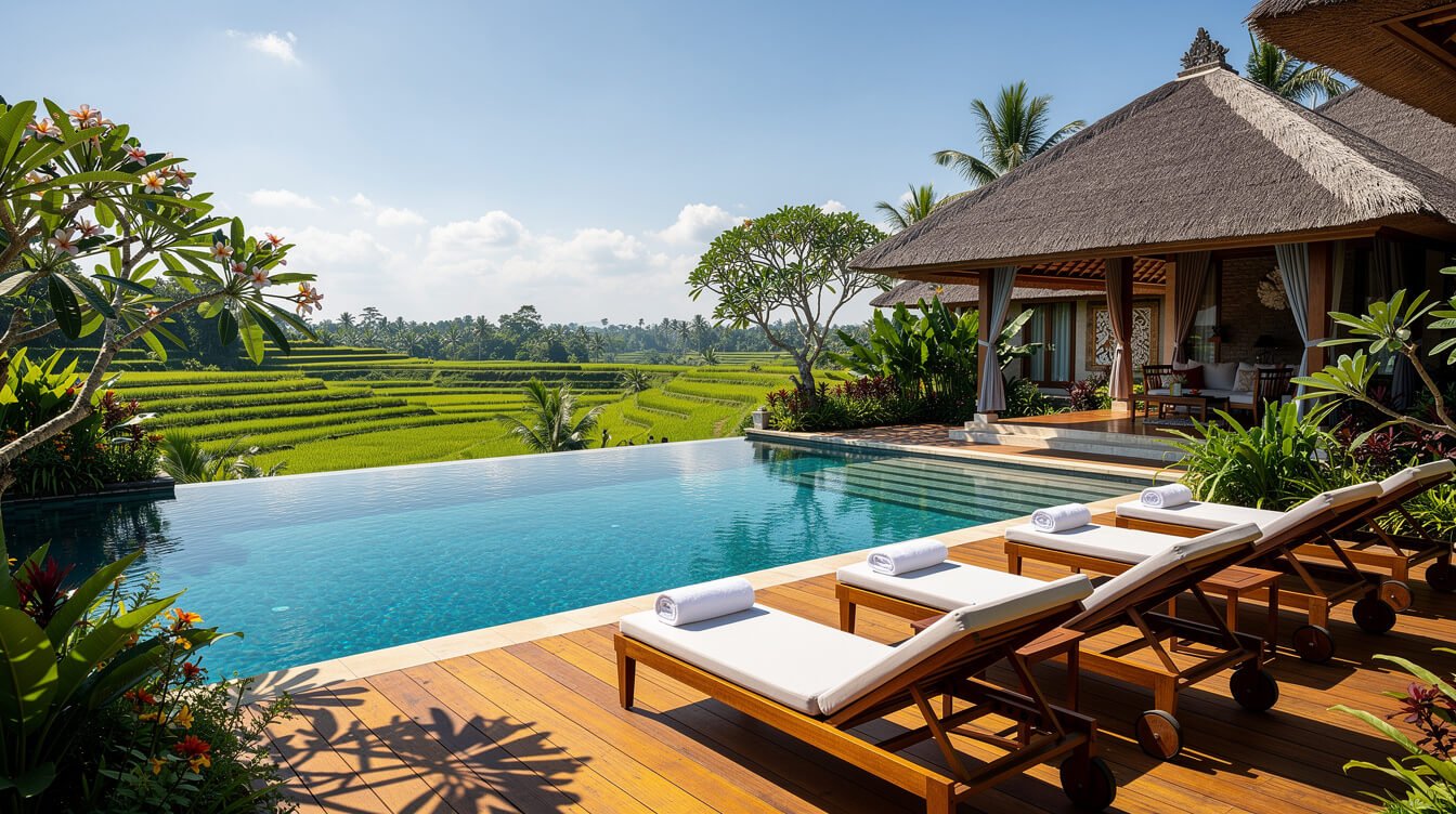 Villa Amrita pool deck and tropical garden on a clear July day