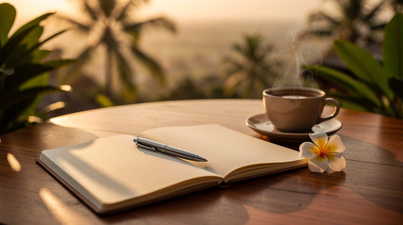 Open notebook and coffee on a villa terrace at sunset