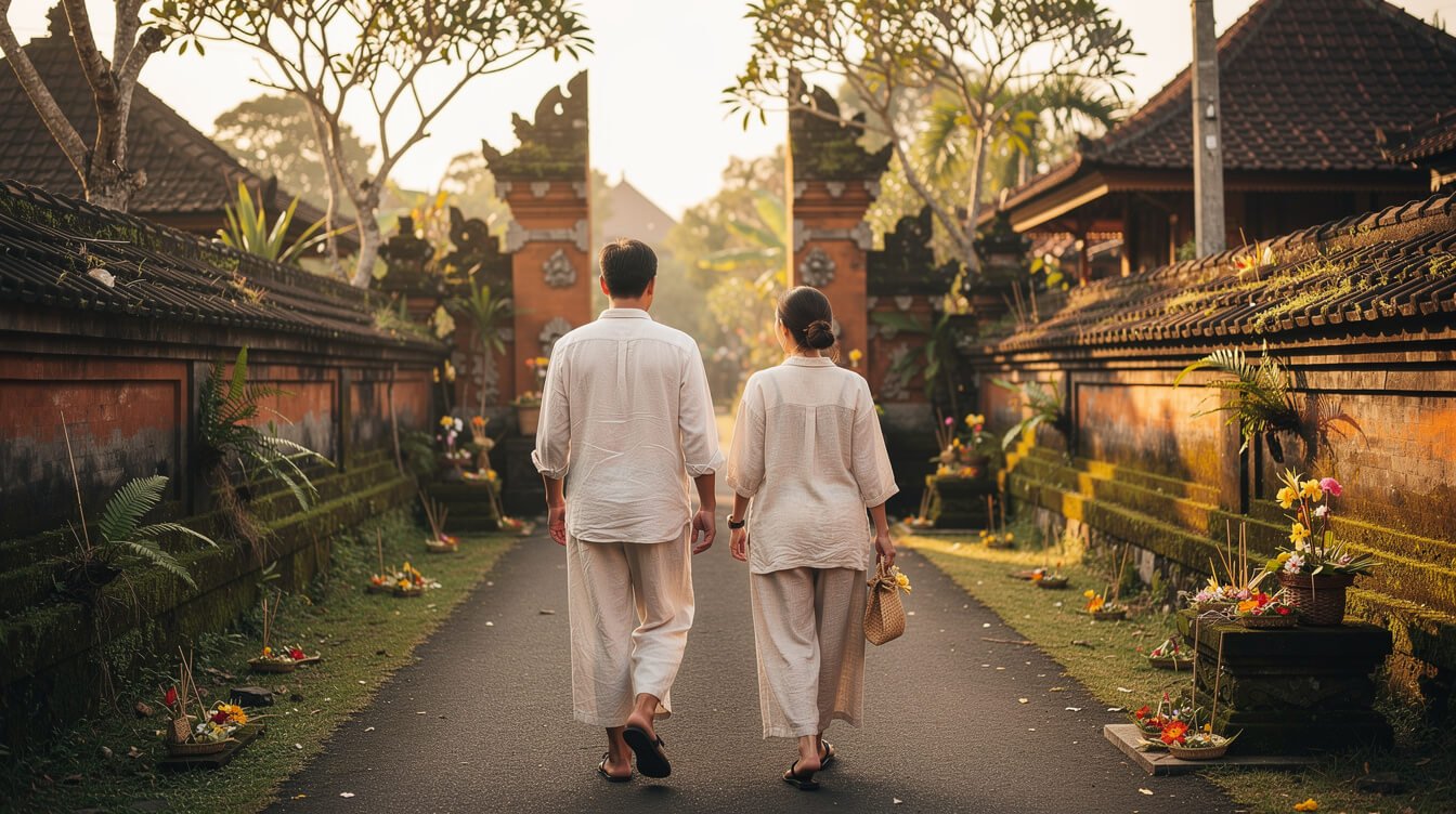 Couple walking a quiet village lane near Ubud on a clear July morning