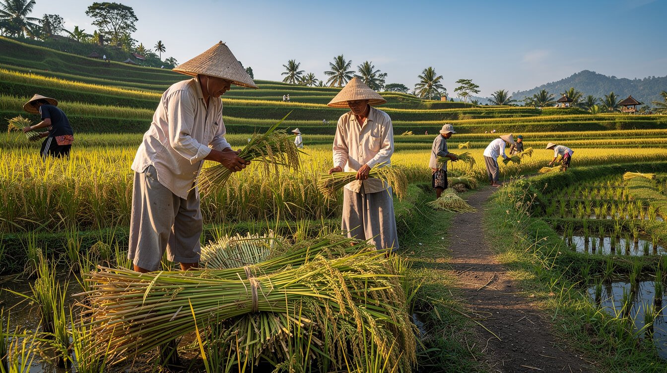 Balinese farmers harvesting golden rice by hand in a terraced field near Ubud in July