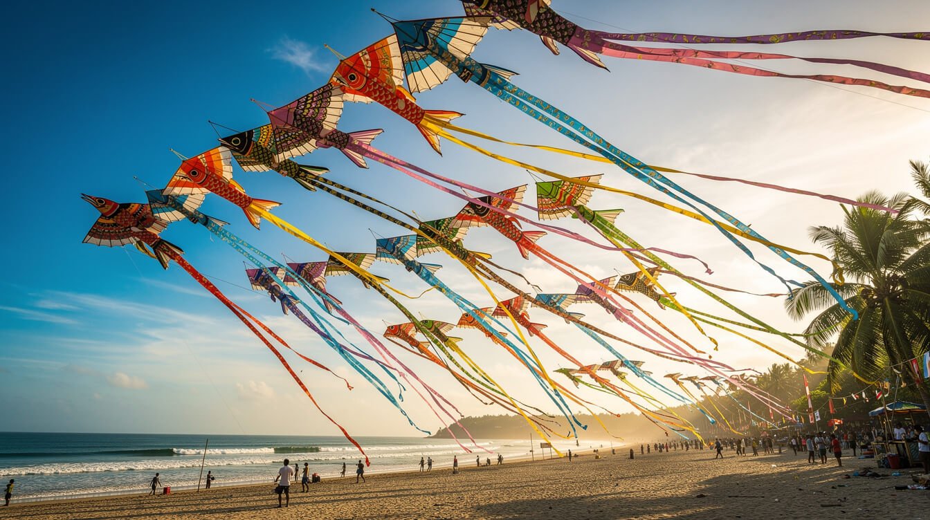 Giant traditional Balinese kites flying over Sanur beach on a windy July afternoon