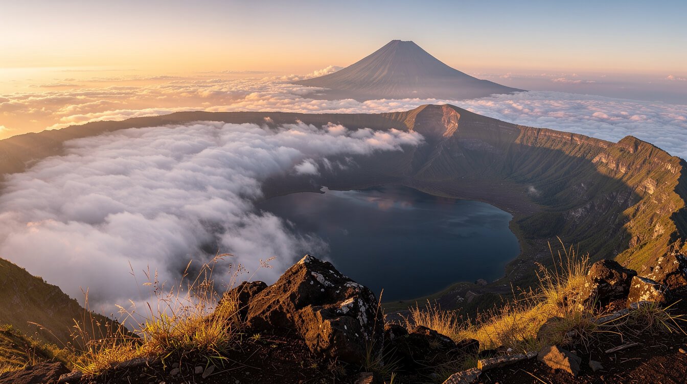 Sunrise over the Mount Batur caldera and Lake Batur on a clear dry-season morning