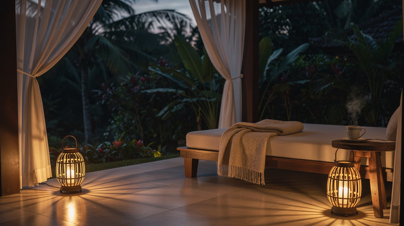 Villa terrace in Ubud on a cool July evening with lantern light and a folded blanket