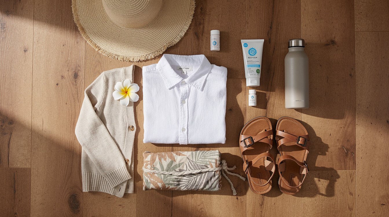 Packing flat lay for Bali in July with linen shirt, cardigan, hat, sunscreen and sarong