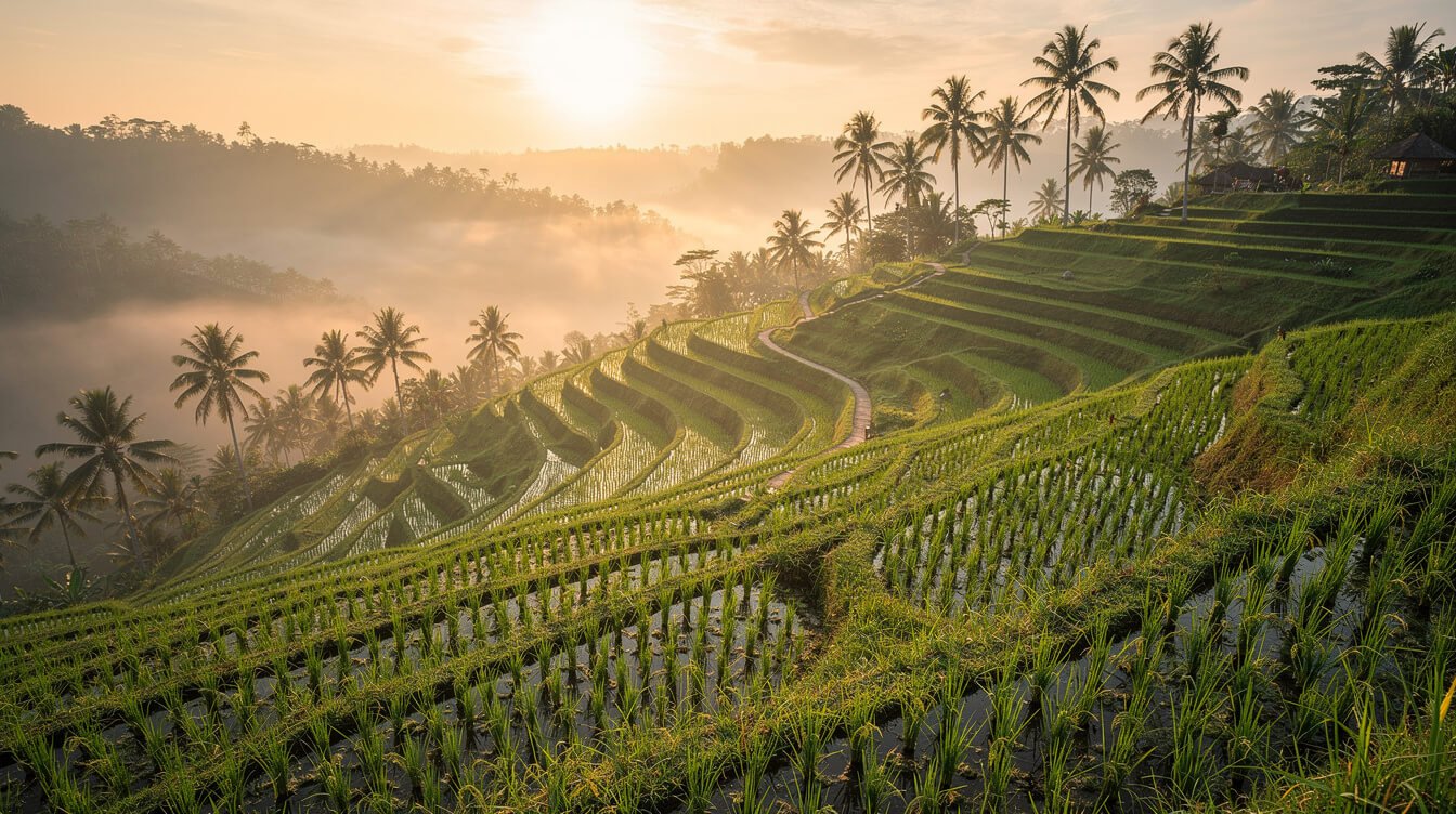 Misty sunrise over young green rice terraces near Ubud