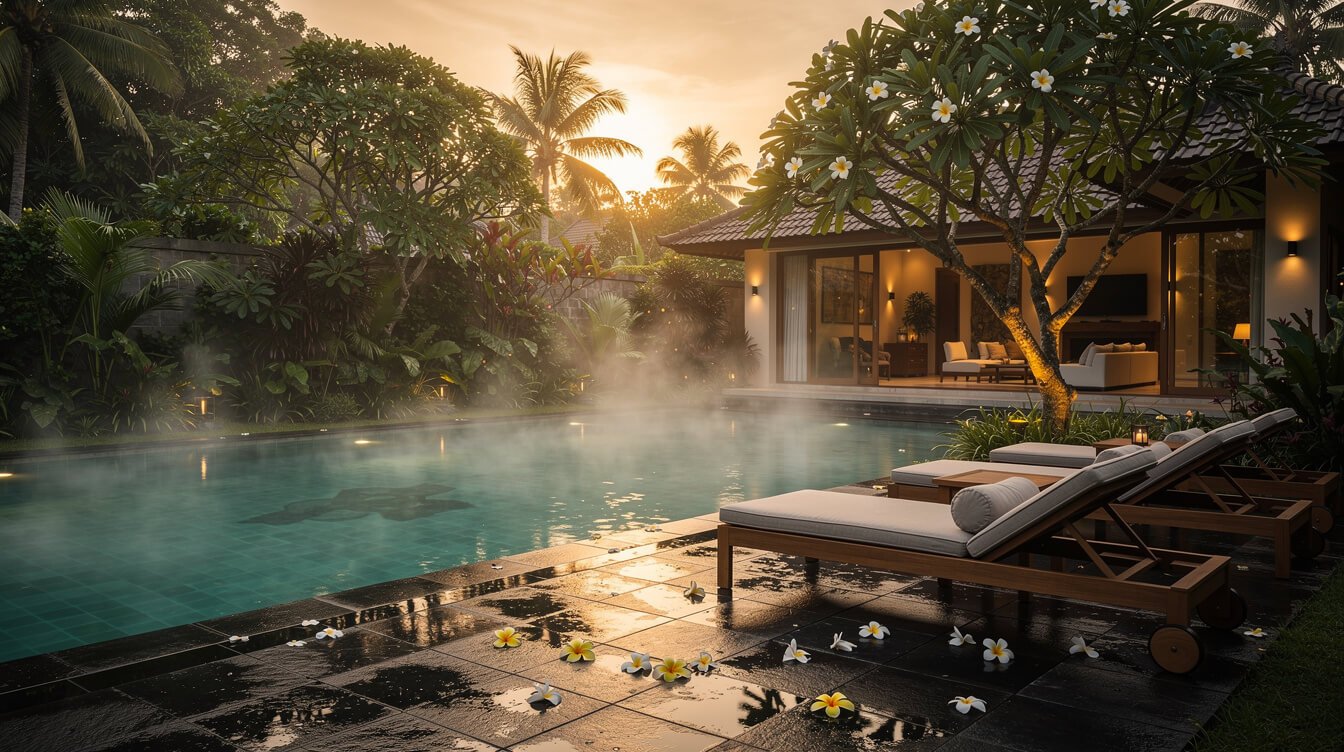 Villa Amrita pool deck at golden hour after rain