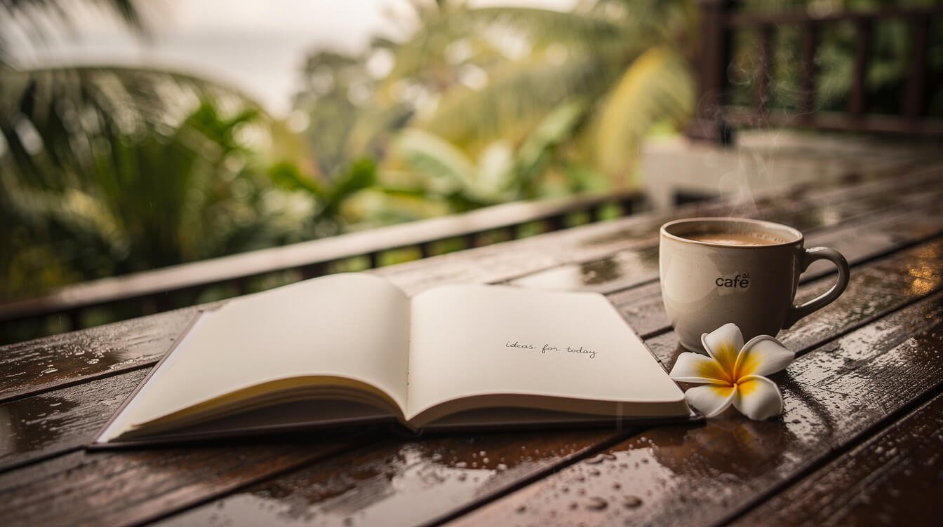 Open notebook and coffee on a villa deck after rain