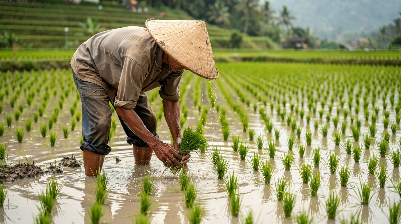 Balinese farmer planting young rice seedlings in a flooded paddy near Ubud