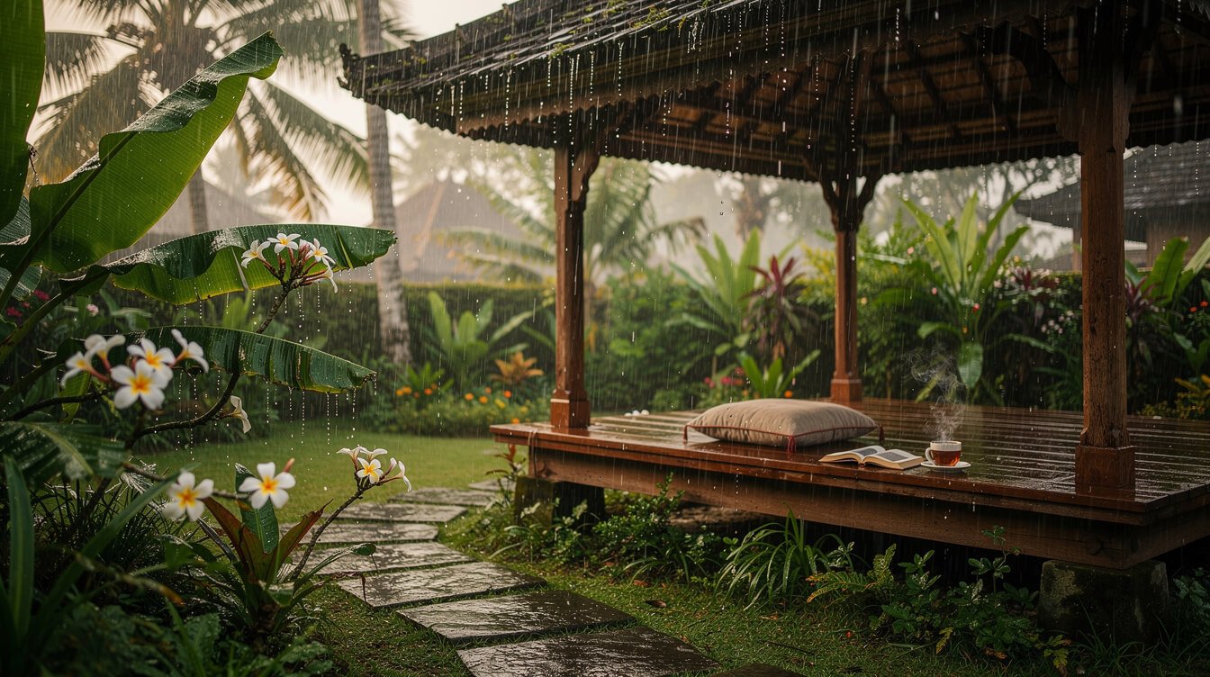 Afternoon tropical rain falling on a covered bale pavilion in a Balinese garden