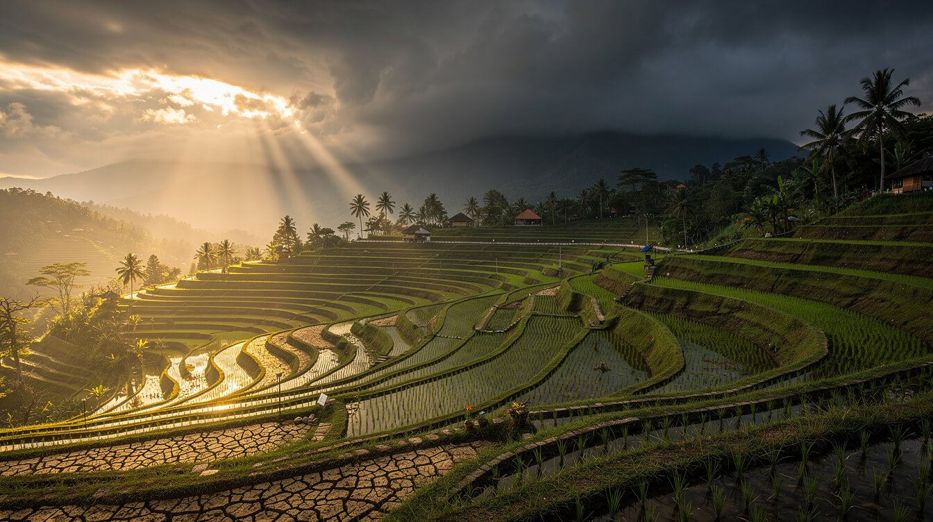 Sun breaking through clouds over Bali rice terraces at the start of the wet season