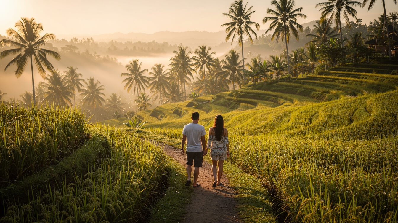 Couple walking a quiet rice field path near Ubud on a November morning