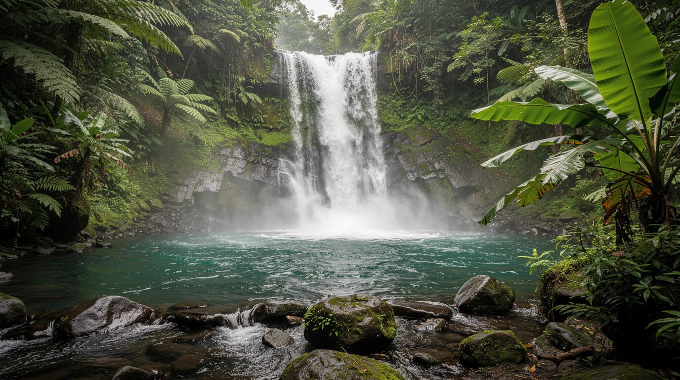Jungle waterfall near Ubud flowing strongly after the first November rains
