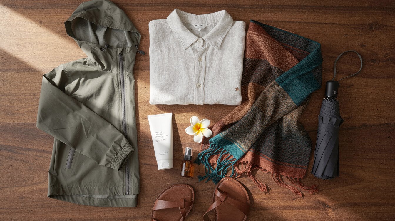 Packing flat lay for Bali in November with rain jacket, sarong and insect repellent