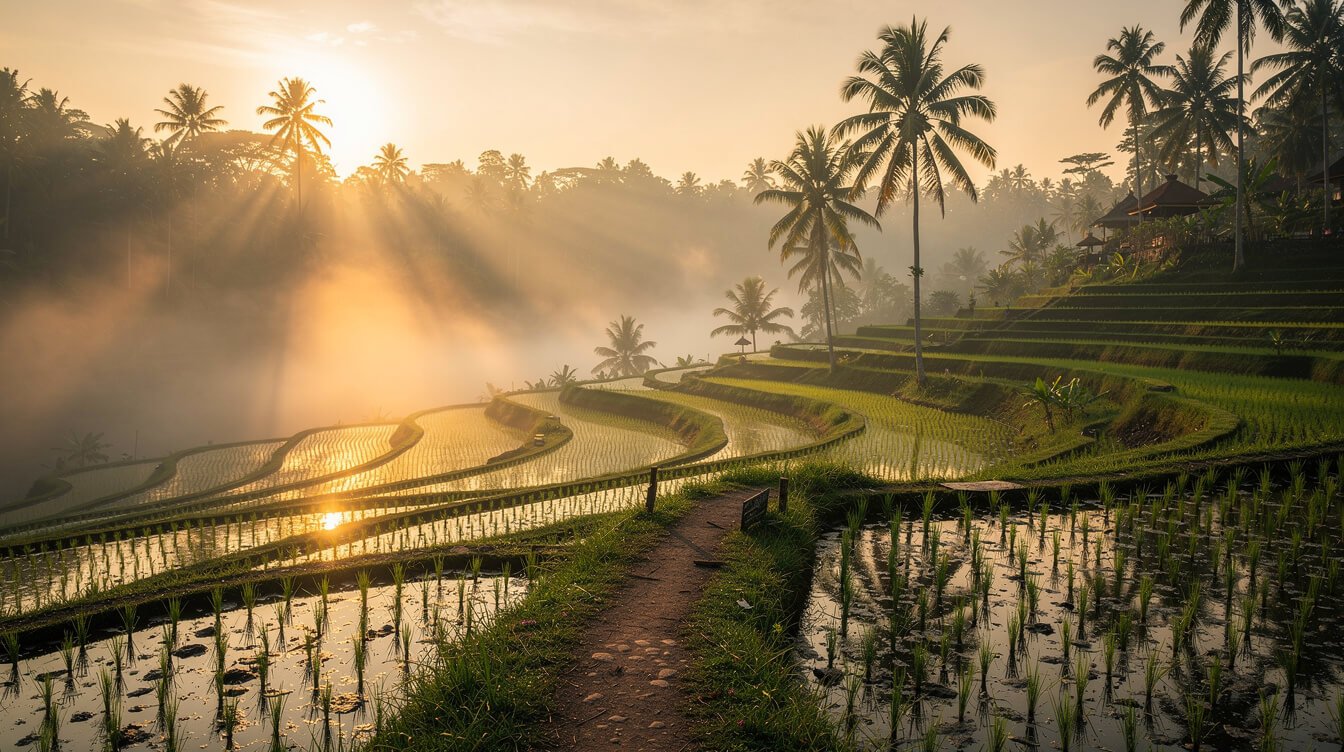 Misty sunrise over rice terraces near Ubud