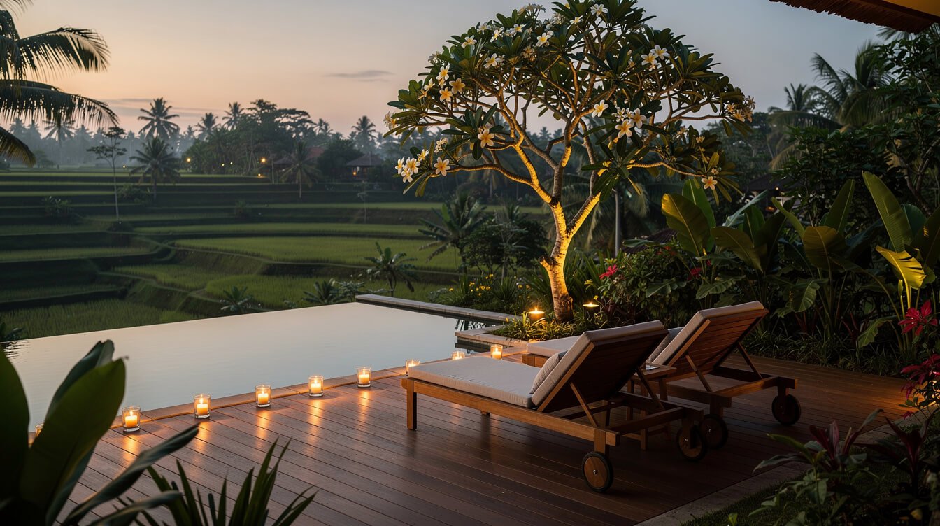 Villa Amrita pool deck at dusk with candles