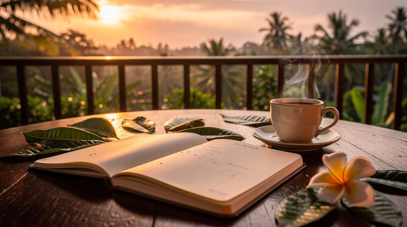 Open notebook and coffee on a villa deck at sunset